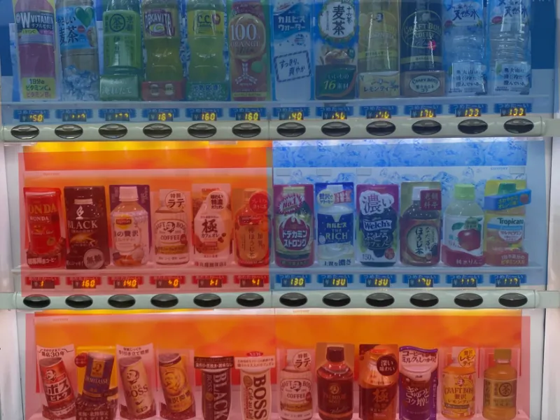 亀山駅の自販機ラインナップを撮影した画像。